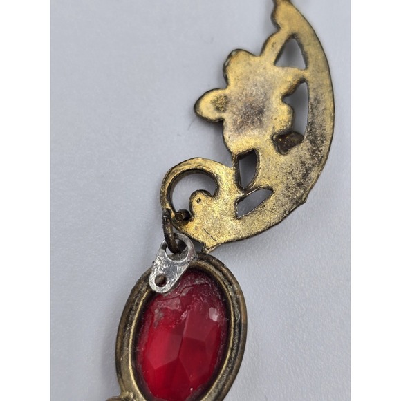 Antique Brass Filigree Necklace Red Glass Stones Art Deco Nouveau Style - Picture 9 of 16
